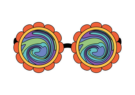 Groovy round sunglasses with red flower frames and psychedelic whirlpool on glass vector illustrationのイラスト素材