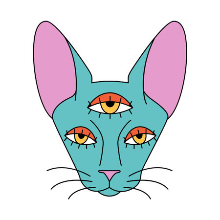 Groovy funny head of blue psychedelic cat with three eyes vector illustrationのイラスト素材