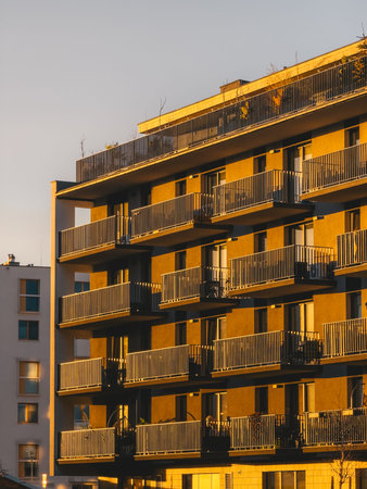Sunlit urban residential building with balconies during golden hour, showcasing modern architecture and city living in a vibrant neighborhood.の写真素材