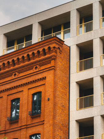 Historical building in Wroclaw, Poland, featuring modern architectural additions that contrast with the traditional red brick facade.の写真素材