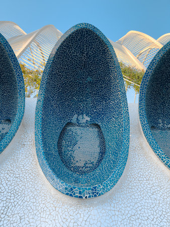 Detailed view of modern mosaic art featuring curved patterns and intricate tile work, emphasizing contemporary design and urban artistic expression.の写真素材