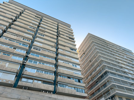Tall residential high-rise buildings in Valencia, illustrating urban density and modern living....