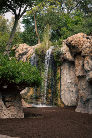 A picturesque waterfall flows in a natural wildlife sanctuary, surrounded by lush vegetation and...
