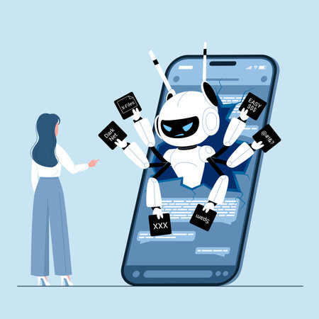 Fake news, false information and unethical bad support in chatbot mobile app. Angry robot with many hands warning woman customer about danger from smartphone screen cartoon vector illustrationのイラスト素材