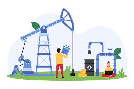 Oil industry, oilfield exploration with derrick rig, energy and petroleum production. Tiny people control oil crude extraction, work of drilling pumpjack and pipeline cartoon vector illustrationのイラスト素材