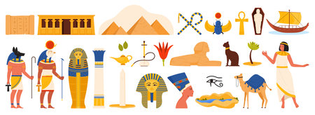 Travel to Egypt set. Egyptian pyramids and sand desert, national culture and ancient civilization symbols of Egypt, history monuments and mummy of pharaoh, beetle cartoon vector illustrationのイラスト素材
