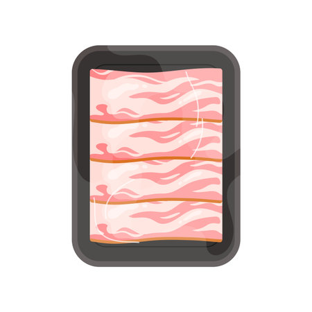 Plastic tray with thin slices of bacon, top view of black container wrapped in transparent film vector illustrationのイラスト素材