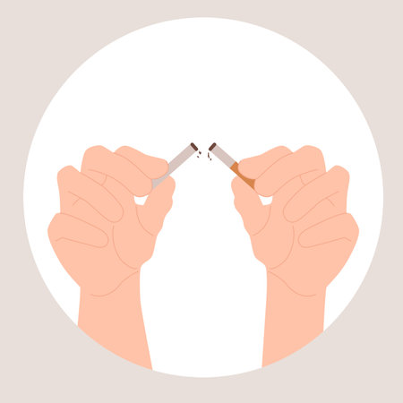 Stop to smoke, quit and win addiction poster design. Hands of smoker break tobacco cigarettes, broken nicotine cigarettes meaning victory over bad habit, pause in smoking cartoon vector illustrationのイラスト素材