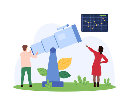Astronomy research, space discovery and astronomical observation of universe and solar system. Tiny people look through telescope with curiosity at constellation in sky cartoon vector illustrationのイラスト素材