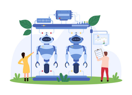 Engineers collaborating on the construction of advanced robots in a futuristic lab. Monitors displaying data and analysis. Robotic arms and components in the background vector illustration.のイラスト素材