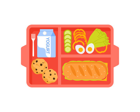 Red plastic tray with sandwich, cookie and yogurt, top view of lunch food plate vector illustrationのイラスト素材