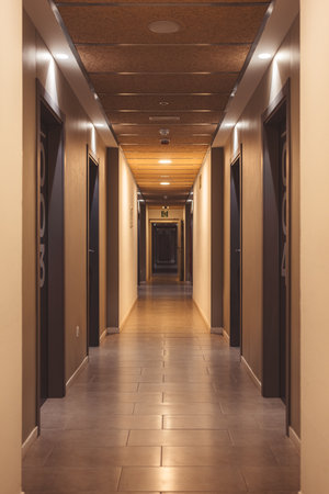 A sleek hotel corridor with stylish doors and warm lighting, creating a welcoming atmosphere for guestsの写真素材