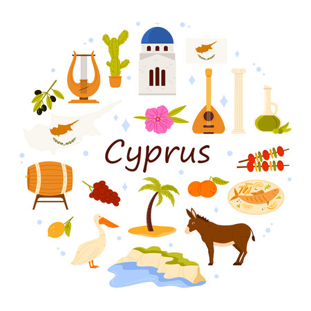 Travel to Cyprus set, culture elements and landmarks, food in round infographic banner. Map and flag of island country Souvla and grilled fish, grape wine barrel in circle cartoon vector illustrationのイラスト素材