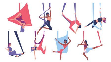 Girls training aerial yoga poses set. Young female characters flying, hanging in hammock, stretching body with ribbon, flexibility on healthy air acrobatics workout in gym cartoon vector illustrationのイラスト素材