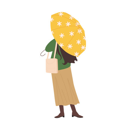 Woman in warm clothes holding yellow umbrella with floral pattern, rear view vector illustrationのイラスト素材