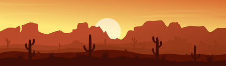 Vector illustration of Mexican, Texas, or Arizona desert nature at sunset. Cactus plants, mountain canyon silhouettes, dunes, and dry plants. Reflects the calmness beauty of arid wilderness at duskのイラスト素材