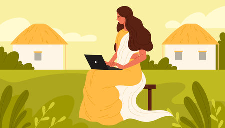 Indian woman working with laptop in farm rural landscape with village houses and green lawn. Young businesswoman with long hair and traditional sari sitting on chair typing cartoon vector illustrationのイラスト素材
