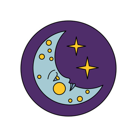 Groovy round sticker with psychedelic blue crescent moon in purple night sky vector illustrationのイラスト素材