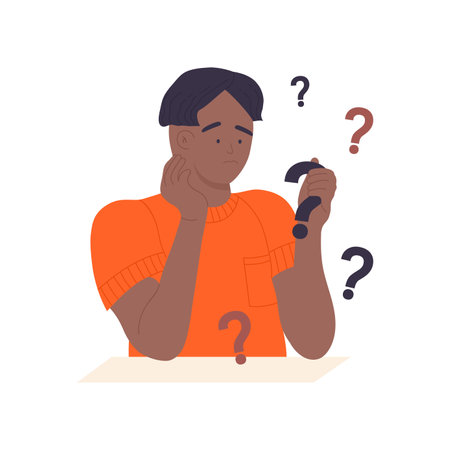 Young confused man holding question mark wondering about answer vector illustrationのイラスト素材