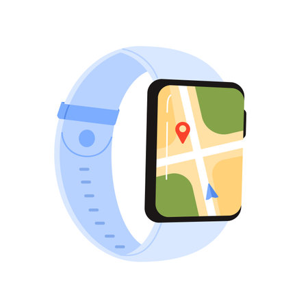Smart watch with blue wristband and GPS navigator, screen with route on city map vector illustrationのイラスト素材