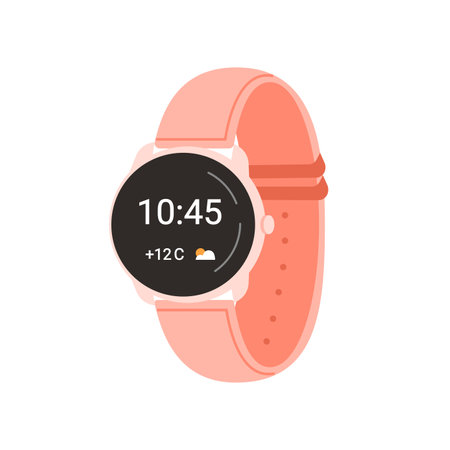 Smart watch with round screen showing time and weather forecast vector illustrationのイラスト素材