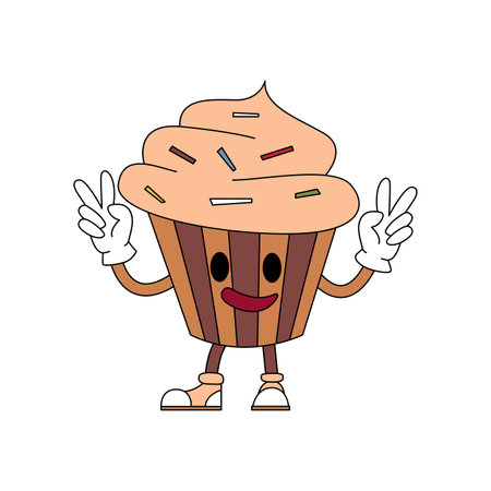 Groovy cupcake character with cream swirl and psychedelic smile, hippie peace gesture vector illustrationのイラスト素材