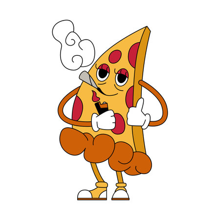 Groovy psychedelic smoking piece of pizza, snack character with cigarette and smoke vector illustrationのイラスト素材