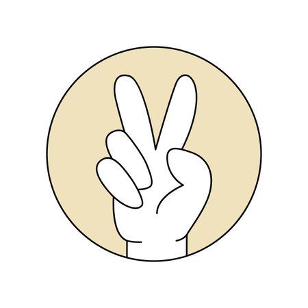 Groovy psychedelic sticker of round shape with hand gesture V sign for victory or peace vector illustrationのイラスト素材