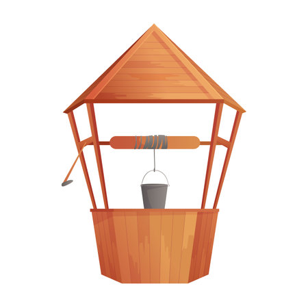 Old rural water well in village garden, wooden countryside structure with roof vector illustrationのイラスト素材