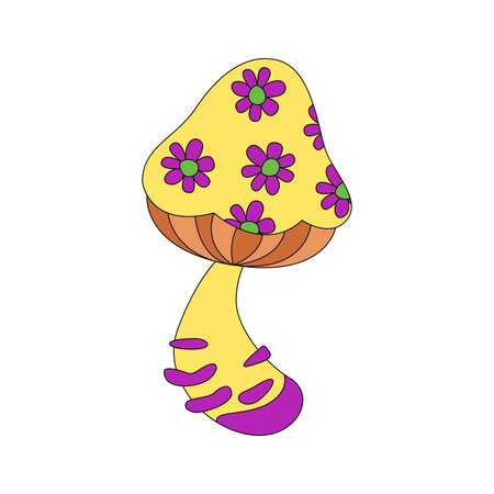 Groovy psychedelic hippie mushroom with summer daisy flowers on cap vector illustrationのイラスト素材