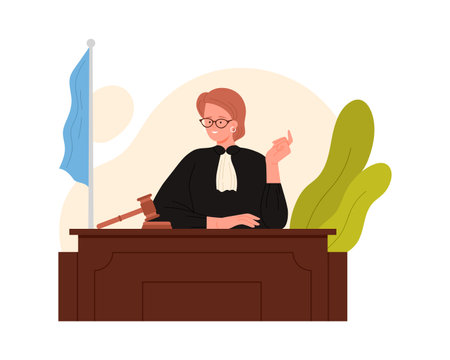 Female judge sitting at table at court hearing, gavel on desk vector illustrationのイラスト素材