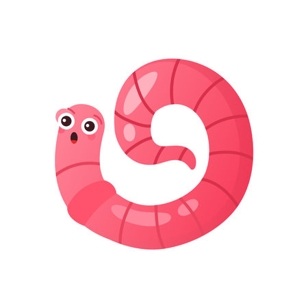 Cute pink worm crawling, insect larva curling into ring with tail vector illustration