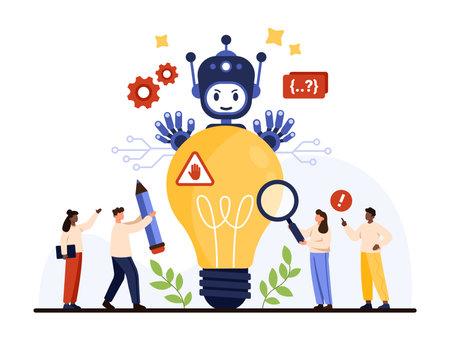 Risk of AI negative decision, ethics and law. Tiny people holding magnifying glass and pencil to analyze artificial intelligence idea, evil robot holding light bulb cartoon vector illustrationのイラスト素材