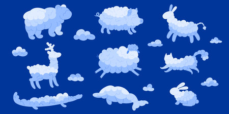 Funny clouds of different animal shape set. Fluffy white bear deer crocodile dolphin bunny sheep pig cat flying on blue sky background, creative cloudy weather elements cartoon vector illustrationのイラスト素材