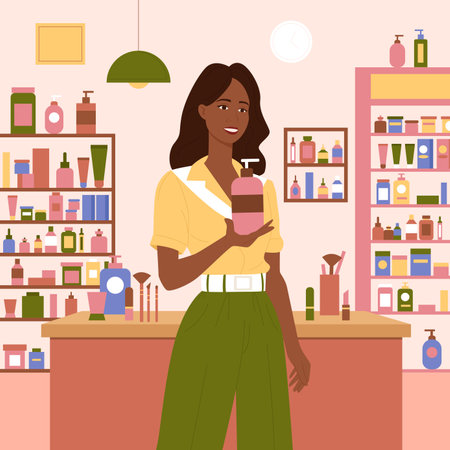 Vector illustration of a woman in a cosmetics store holding a product, symbolizing beauty, skincare, and customer shopping experience in retail.のイラスト素材