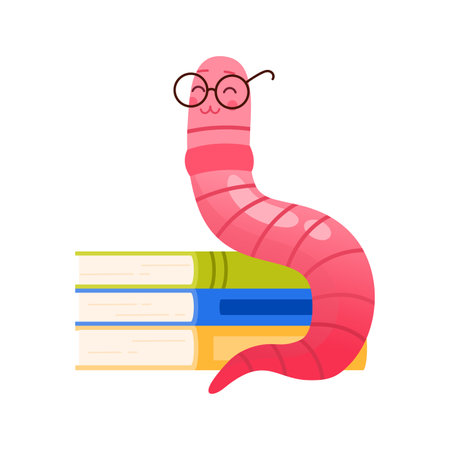 A whimsical pink worm with glasses sits on colorful books, symbolizing knowledge and the joy of learningのイラスト素材