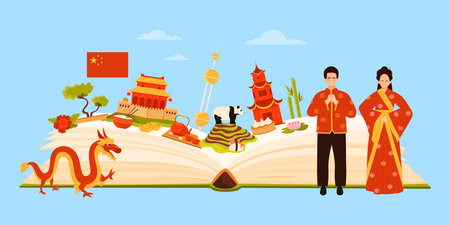 Travel to China, infographic collage with open giant book and tourist attractions, culture elements and food, tea ceremony. Chinese man and woman in red costumes and dragon cartoon vector illustrationのイラスト素材