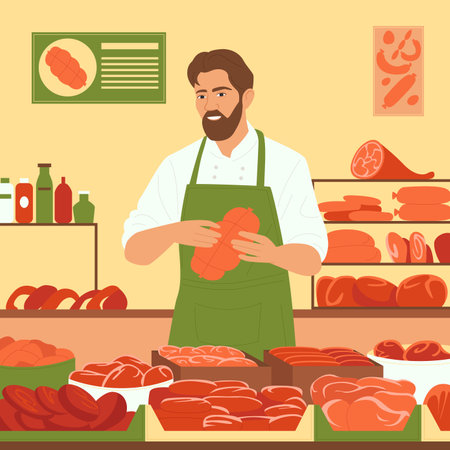 Illustration of a butcher in an apron holding a sausage, surrounded by a variety of fresh meat products on display. Perfect vector illustration for food industry and local market themes.のイラスト素材