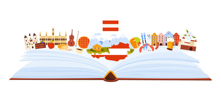Austria culture elements and nature of Alps, landmarks and language study in infographic collage banner. Open big book and Alpine village, houses and castles, food and beer cartoon vector illustrationのイラスト素材