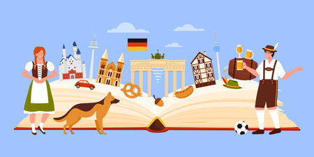 Culture elements of Germany, landmarks and food study in infographic collage. Open guide book and German man and woman in traditional dress, beer of Oktoberfest festival cartoon vector illustrationのイラスト素材