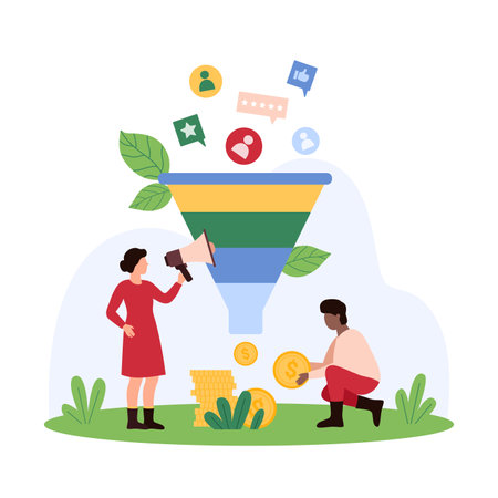 Marketing funnel strategy, inbound lead generation process. Tiny people generate sales with filter machine and advertising campaign, convert user attention into money cartoon vector illustrationのイラスト素材