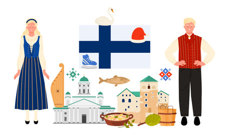 Travel to Finland, Finnish national culture elements and food, landmark in infographic collage. Finn man and woman in traditional dress and folklore pattern, flag, theater cartoon vector illustrationのイラスト素材
