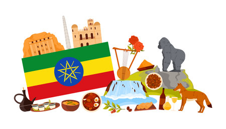 Travel to Ethiopia set, elements of culture, landmarks and food in infographic collage poster. Obelisk of Axum and Church in lalibela, Injera flatbread, doro wat and coffee cartoon vector illustrationのイラスト素材