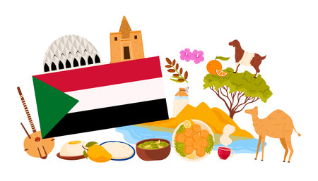 Travel to Sudan, culture elements and landmarks, food and tropical fruit in infographic collage. Sudanese flag and Al Nilin Mosque and Nubian pyramids, acacia tree, goat cartoon vector illustrationのイラスト素材