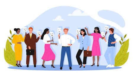 A diverse group stands united, holding colorful masks that symbolize their unique identities, embodying unity, individuality, and celebrating differences in the essence of communityのイラスト素材