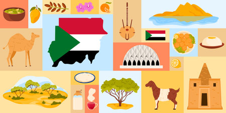 This captivating image showcases cultural symbols of Sudan, including traditional foods, unique wildlife, and important landmarks, all beautifully illustrated in a vibrant vector styleのイラスト素材