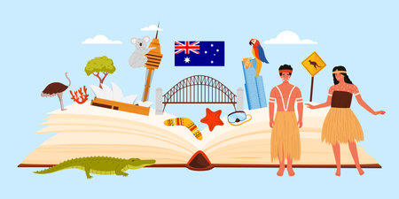 Culture elements and famous architecture for Australia study. Open big book and collage of Australian sightseeing places for tourists, tribal people and wild animals cartoon vector illustrationのイラスト素材