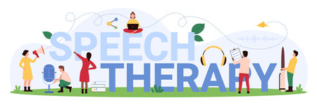 Awareness of pathology of development, pronunciation and speaking, treatment by pathologists. Speech therapy banner design with tiny people, headphones, microphone cartoon vector illustrationのイラスト素材