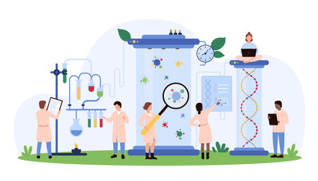 Genetic and chemical research in science laboratory. Tiny people with magnifying glass study molecule structure and DNA model, work with equipment settings for experiment cartoon vector illustrationのイラスト素材