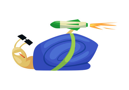 This colorful illustration shows a whimsical snail riding a rocket, ideal for fun and creative design projectsのイラスト素材